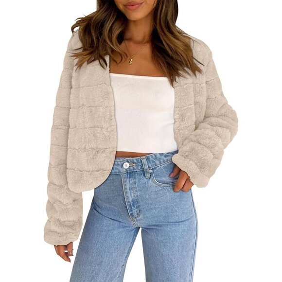 Jackets & Blazers - Women's Faux Fur Coats Fleece Cropped Jacket Long Sleeve Shaggy Warm Khaki
